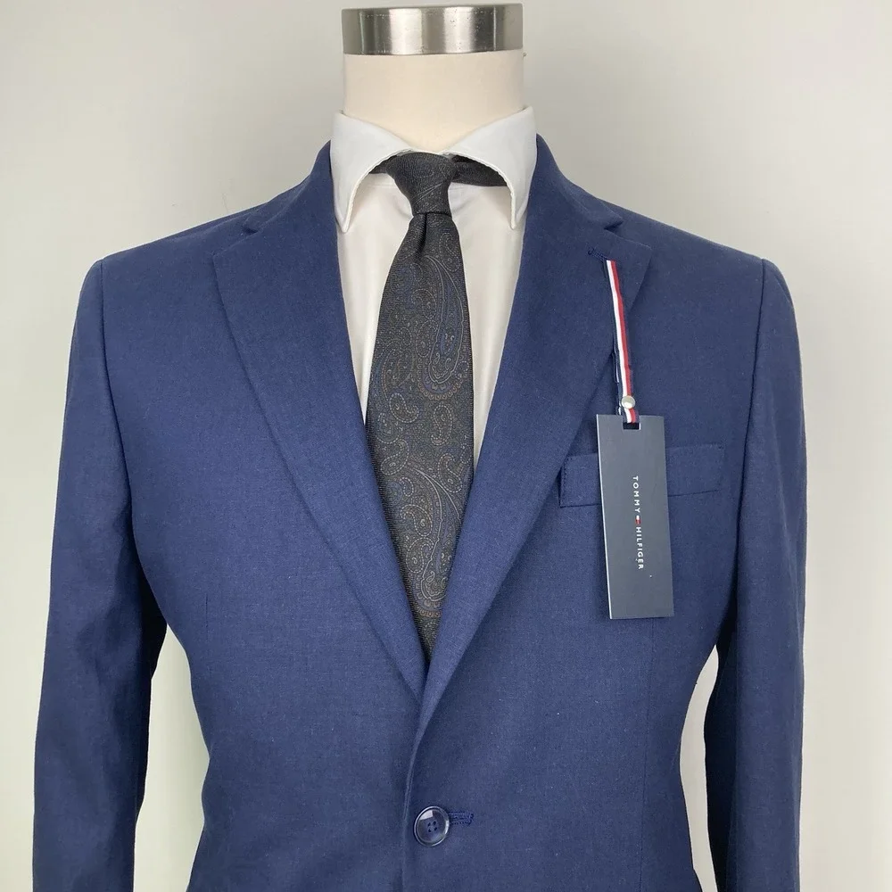 Tommy Hilfiger Mens Modern-Fit Suit Jacket 42L Linen Navy Blue